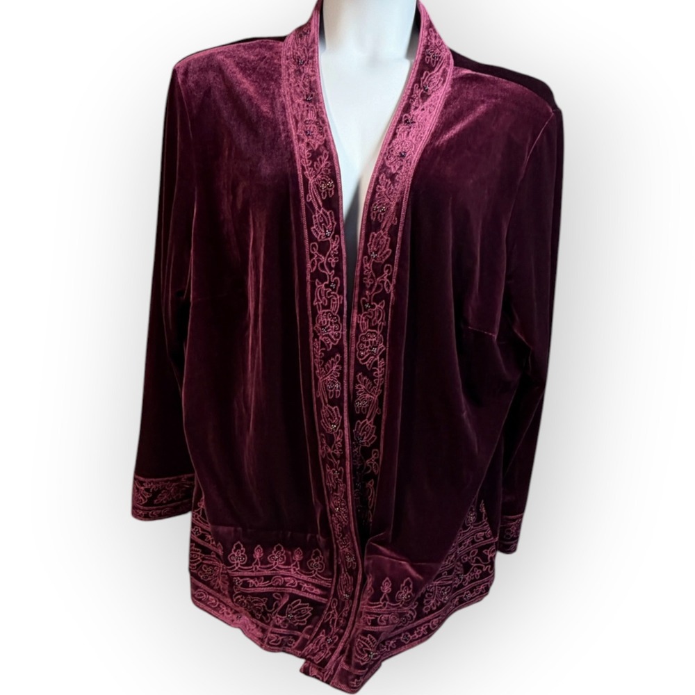 Coldwater Creek Burgundy Velvet Embroidered Beaded Open Front Jacket Women W24